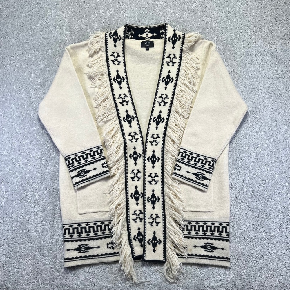 VICI Cardigan‎ Sweater Womens M/L Aztec Fringe Open Front Long Cream Black